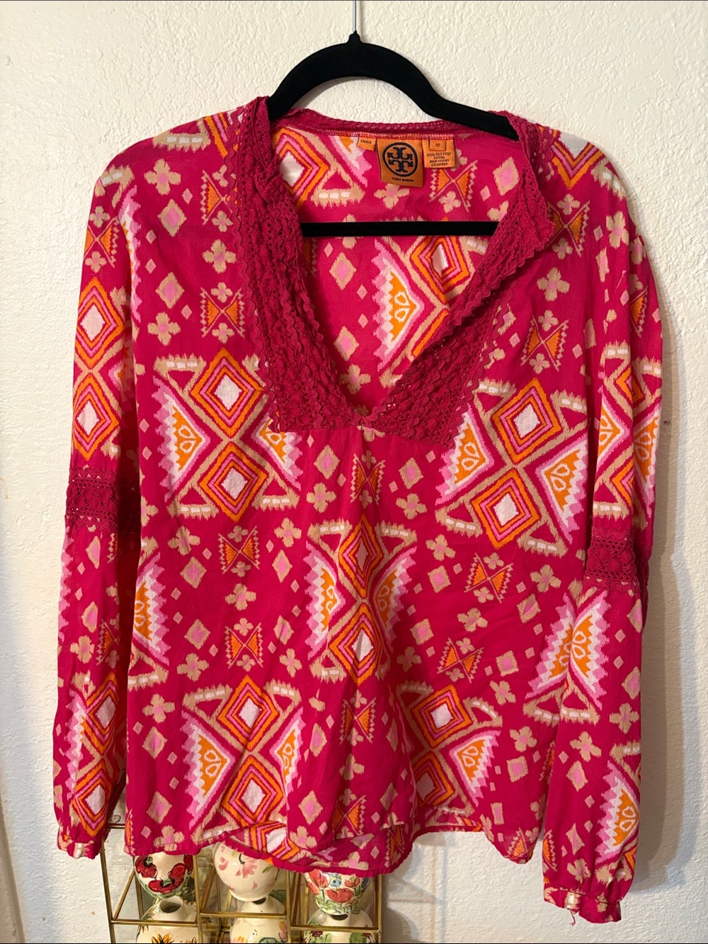 Tory Burch Hot Pink Geometric V-Neck Lace-Trim Tunic